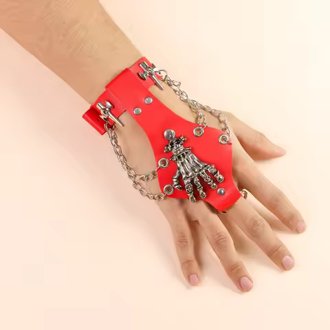 Gothic Alloy Spike Skeleton Hand Wrap Leather Cuff Finger Ring Bracelet For Men and Women