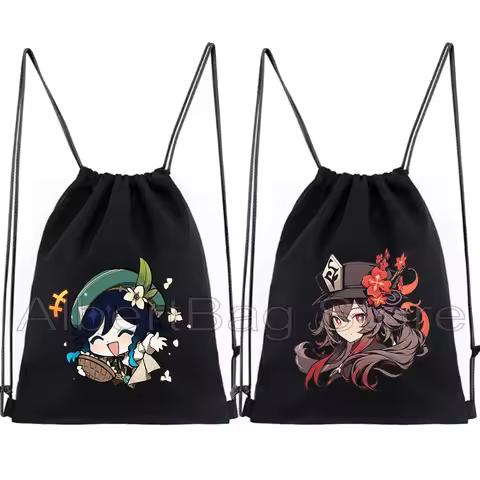 Kawaii Anime Genshin Impact Drawstring Bag Backpack zhongli Hu Tao Chibi Xiao Venti Neuvillette Thom