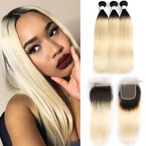 Brazilian Straight Human Hair Bundles With Closure Ombre Blonde T1B/613 Human Hair Weave Bundle Remy