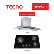 (HOOD + HOB) Tecno KA 9688/ KA9688 Tempered Glass Designer Chimney Cooker Hood + Tecno T 23TGSV / T23TGSV 3-Burner Glass Cooker Hob with Inferno Wok Burner Technology