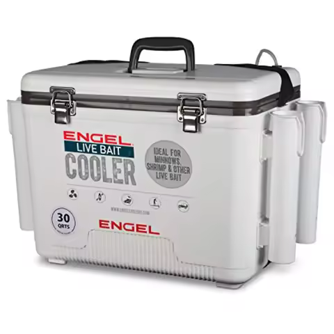 30qt Live Bait Cooler Box with 2nd Gen 2-Speed Portable Aerator Pump and 4 x Fishing Rod Holder Atta