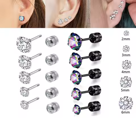 Diamonds Earring for Women Screw Stud Earring for Girls Double CZ Zircon Helix Cartilage Stud Earrin