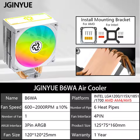 JGINYUE B6WA 6 Heat-Pipe CPU Air Cooler TDP 150W CPU for Motherboard LGA1200/115X/1851/1700 and AMD 
