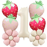 7Pcs Fruit Strawberry Flower Foil Balloon with 40inch Cream Number Balloon Berry First Birthday Girl