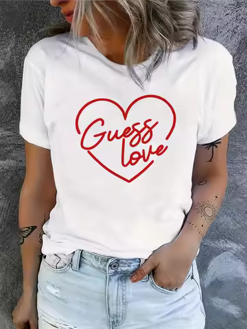 Ladies' casual short sleeved T-shirt - red heart-shaped _Guess Love_ printed round neck top harajuku
