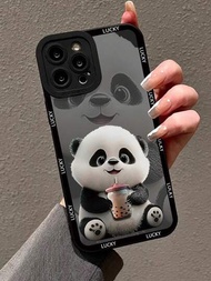 直邊相機孔環黑色加厚防震熊貓圖案印花保護殼,適用於iphone/samsung/huawei/xiaomi卡哇伊系列