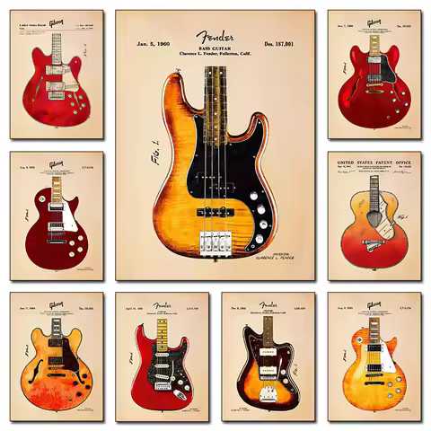 Acoustic Electric Guitar Blueprint Fender Stratocaster Music Poster Print Wall Art Pictures Canvas P