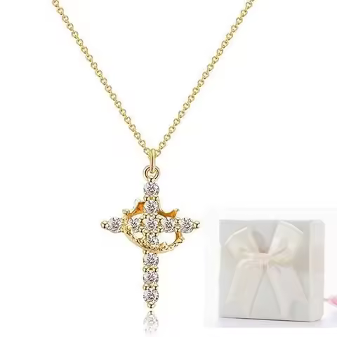 Diamond Cross Necklace for women-Dainty 14k Gold Cubic Zirconia Pendant Necklaces Simple Gold Cross 