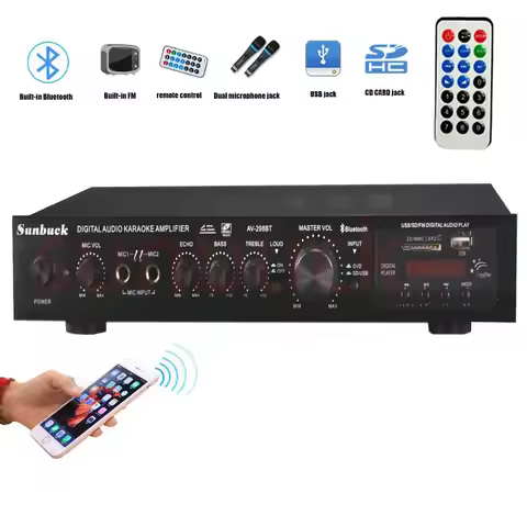 SUNBUCK 200W bluetooth 5 Channel Power Amplifier HiFi Stereo Speaker Amp Support FM Radio 2 Mic USB 
