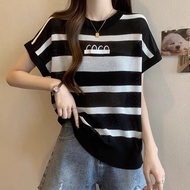 Striped Hollow Ice Silk Short Sleeve Women's New Design Color Block Flutter Sleeve T-Shirt Top