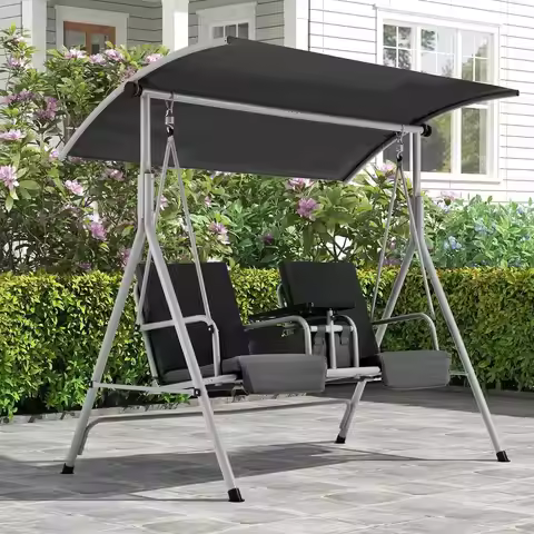 2-Seat Heavy-Duty Outdoor Porch Swing with Adjustable Cushions, Pivot Table, and Cup Holders for Pat