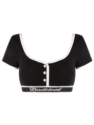 Badblood Wide Edge Knit U-คอแขนสั้นเสื้อยืดกีฬาผู้หญิงสลิมฟิตเส้นใยโพลีเอสเตอร์พร้อมปุ่มดีไซน์เปลือย