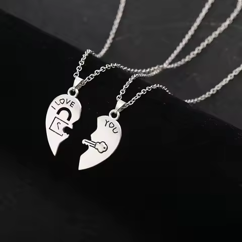2 Pcs I Love You Heart Pendant Necklace Set Lock And Key Choker Chain For Couple Lovers Romantic Jew
