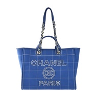 CHANEL 經典Deauville格紋帆布大號托特包(藍色)/平行輸入