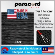 Made in USA - 3mm Type II 425 Tali Paracord Rope Parachute Cord - Black