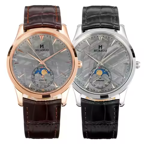 HUASUO Luxury 39MM Meteorite Dial Moon Phase Men's Dress Watches Rose Gold Miyota 9015 Automatic Mec