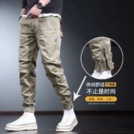 American Khaki Cargo Pants Men's Trendy Slim Fit Tapered Casual Pants 2023 Spring Korean Style Trendy Ankle-Tied Long Pants