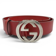 成色極佳☆GUCCI 546389 雙G互扣式真皮腰帶，RED，銀色五金，95/38，義大利製造，男女通用，附防塵袋