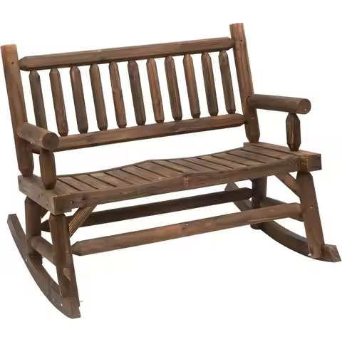 2-Person Wooden Rocking Chair with Log Design, Heavy-Duty Loveseat for Patio and Garden in Walnut