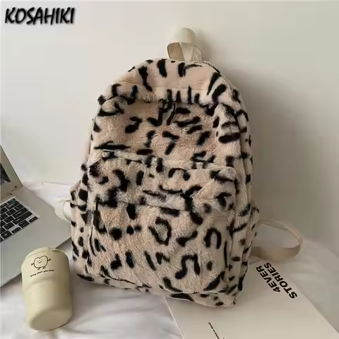 Personality Fashion Leopard Fluffy Rucksack Y2k Preppy Casual Harajuku Backpack High-capacity Vintag
