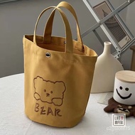 YQ Japanese Style Embroidery Bear Bucket-Type Tote Canvas Bag Simple All-Match Small Capacity Portable Lunch Bag Lunch B
