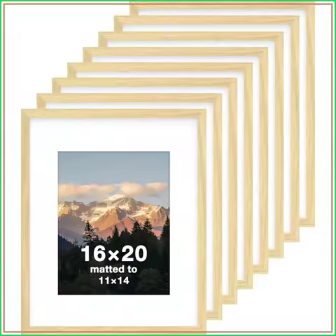 16x20 Picture Frame with 11x14 Mat, Classic Wooden Frame with Tempered Glass, Natural Oak, 8-Pack