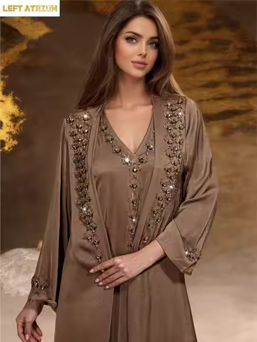 2PCS Luxury Women Cardigan Dress Set Muslim Elegant Hand Sewn Drill Loose Kaftan Dubai Party Banquet