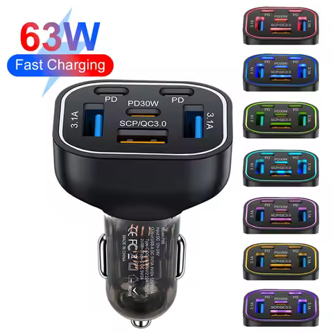 63W Seven Color Gradient Breathing Light 3USB+3PD Car Charger Fast Charging Phone Adapter For Xiaomi