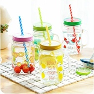 ❊500ml Colored Mason Jar With Reusable Straw Bottle Glass Mug Emboss Cold Drink Summer Collection✺