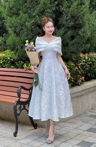 Đầm gấm đi tiệc trễ vai hàng thiết kế cao cấp ôm eo xòe bồng váy maxi gấm hoa nổi bệt vai hàng cao c