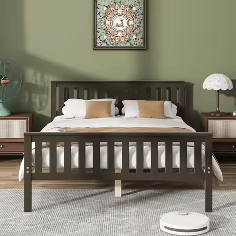 Full Size Wood Platform Bed Frame, Mid Century Full Bed Frame with Headboard, Wood Slat Support, Dou
