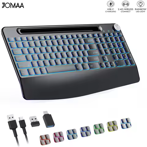 Wireless Keyboard with 7 Colored Backlits, Wrist Rest, Phone Holder, Rechargeable Ergonomic Full Siz