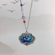 99 Pure Silver Lotus Heart Sutra Necklace Painted Lotus Ruyi Lock Pendant Retro Clavicle Chain Tanab