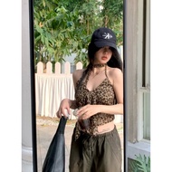美式感辣妹豹纹露背挂脖设计紧身内搭上衣小背心又a又辣女装潮American style hot girl leopard print halter design tight fitcuabd4TT57
