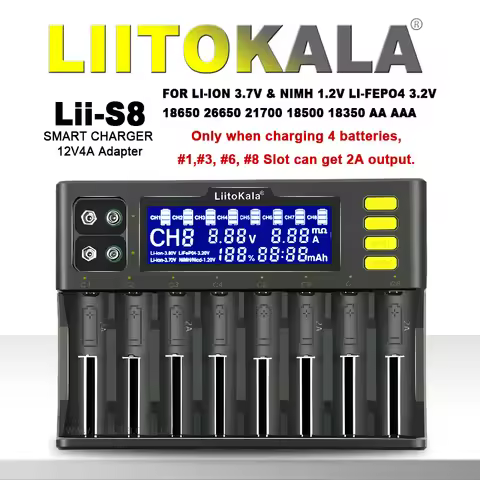 LiitoKala Lii-S8 Lii-S12 CH4 Battery Charger for 18650 3.7V Li-ion NiMH 1.2V 9V Li-FePO4 3.2V IMR 3.