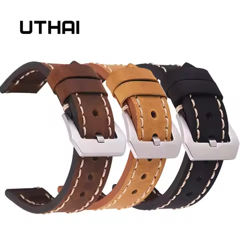 UTHAI Leather Watch Strap 20MM 22MM 24MM For Samsung Galaxy Watch 42 46mm S2/3 Sport For Amazfit Qui