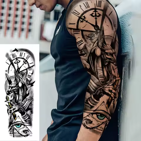 Large Full Arm Sleeve Waterproof Temporary Tattoo Sticker Anubis Ancient Egypt Greece Zeus Eye Fake 