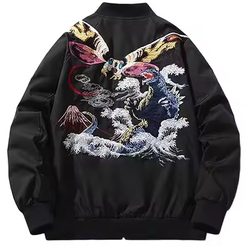 Black Mothra Sukajan Souvenir Jacket Men Boys Vintage Loose All-Match High Street Coats Letterman Va