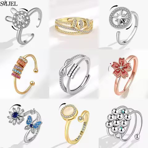 Romantic Cherry Blossom Anxiety Fidget Spinner Rings for Women Cute Rabbit Butterfly Beads Rotate Re