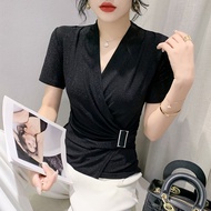 YIMEI เสื้อ2023มีแฟลชสำหรับผู้หญิงเสื้อยืดคอวีฤดูร้อนแขนสั้นใหม่เสื้อยืดผู้หญิงสีดำเข้ารูปพอดีสวยงาม