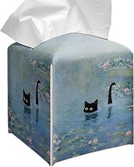 Grace Yonks Art Tissue Box Cover Square - Black Cat in Water Lilies Design 5.2" PU Leather Holder fo