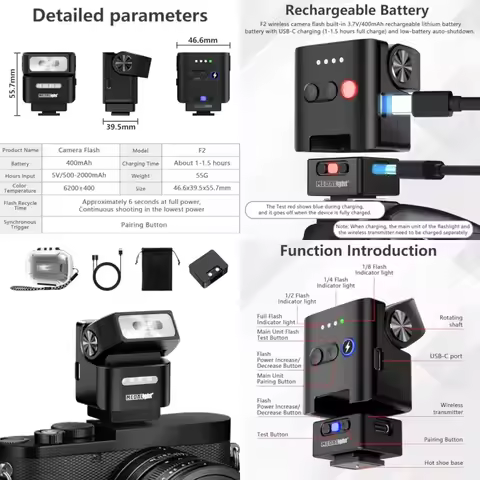 F2 Mini Camera Flash 2.4GHz Wireless Off-Camera Flash for Canon/Sony ZV1/Fuji/Nikon/Ricoh Gr3/Digita