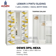 Lemari pakaian 3 Pintu sliding. Bahan plat besi. Brand Olympic. Lemari baju wardrobe cermin gantungan brangkas. Anti Rayap, anti air. Bermotif elegan &amp; Minimalis. Hexa, ada 1 laci.