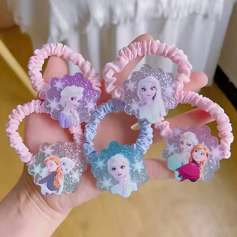 5PCS HEROCROSS Glitter Pink Frozen Princess Hair Circle Acrylic Cartoon Hair Rope Little Girl Rubber