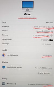iMac 2019 4K 21.5 吋  i5 8Gb 256Gb SSD AMD Radeon Pro 560X 4Gb bought Dec 2020