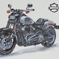 Fat Bob 114 Harley Davidson 2023 Painting Original Art Sport Motorcycle Postcard