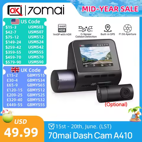 New 70mai Dash Cam A410 1440P 2.5K Image F1.55 Dual-Channel Supported GPS Night Vision 24H Parking U