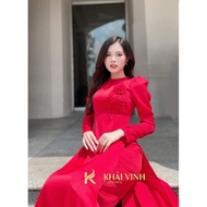 (A529) Áo dài đỏ đô tơ mềm cao cấp tay bồng đính hoa - Áo Dài Đan Linh