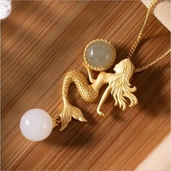 Natural Hetian Jade Mermaid Pendant Necklace Chinese Style Retro Unique Ancient Gold Craft Charm Wom