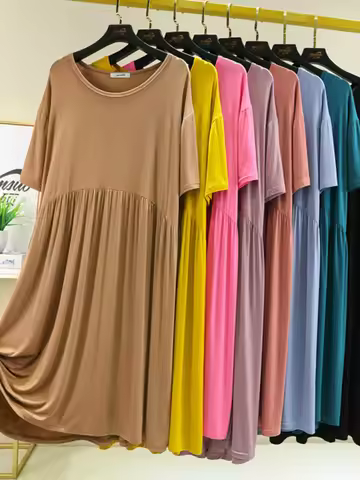 Modal Short-Sleeved Nightshirt Pleated Dress Female Summer Nightgowns Women Korean Loose Comfort Bla
